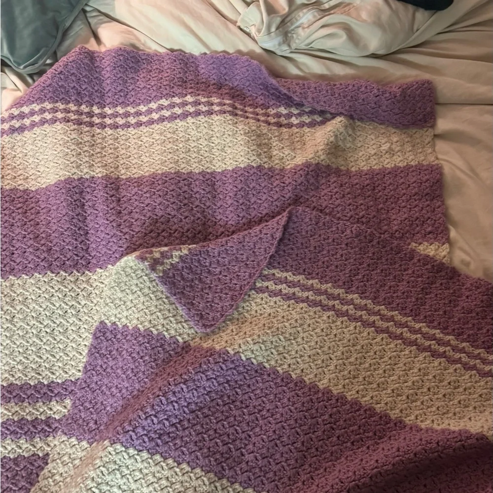 Handmade Cozy Purple and Cream Knitted Blanket
